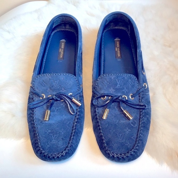 Louis Vuitton Monogram Suede Gloria Flat Loafer Shoe Blue Suede 37 US 7 Drivers - Picture 1 of 16